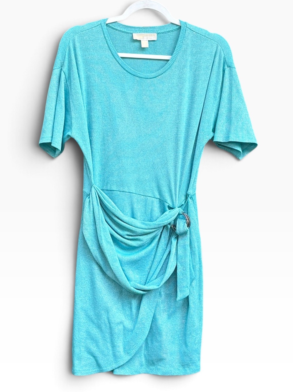 Michael Kors Shimmering Aqua Tie-Waist Short Sleeve Dress Size M